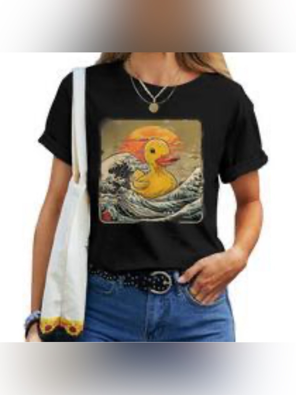 Black Graphic Tee with Retro Rubber Duck Wave